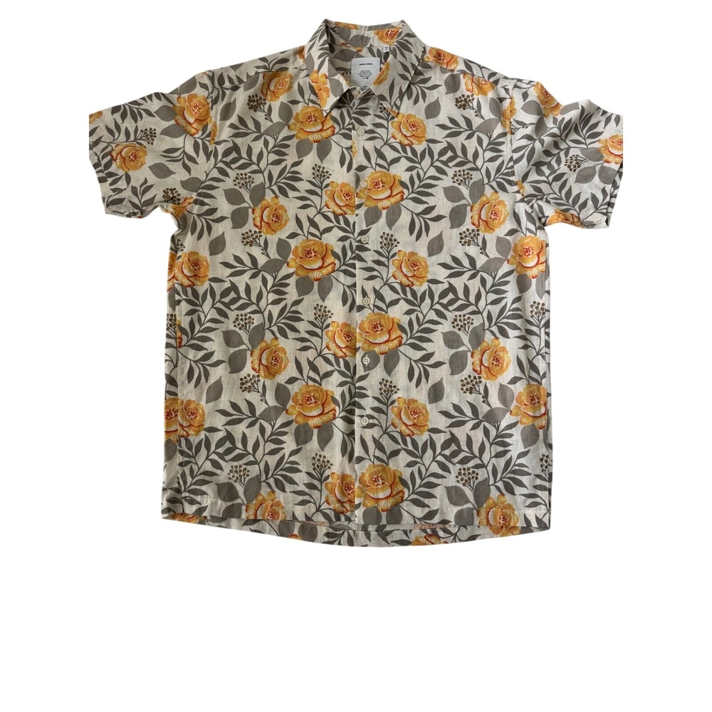 Jhon Kiwis Mens Floral Button Up Shirt Medium M Yellow Rose Cotton Short Sleeve